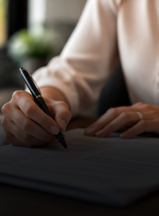 Close-up of a person writing with a black pen on a lined notebook.