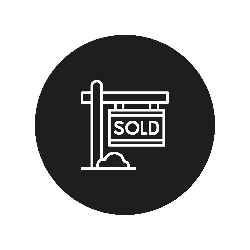 Icon of a real estate sign with a 'SOLD' banner on a black circular background.
