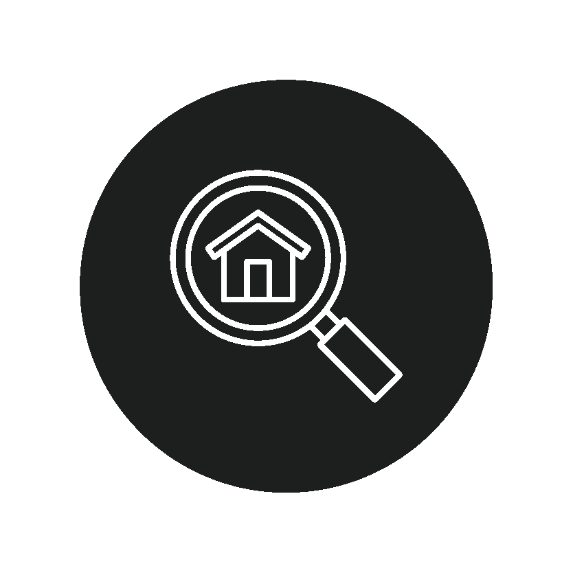 Magnifying glass with a house icon inside.