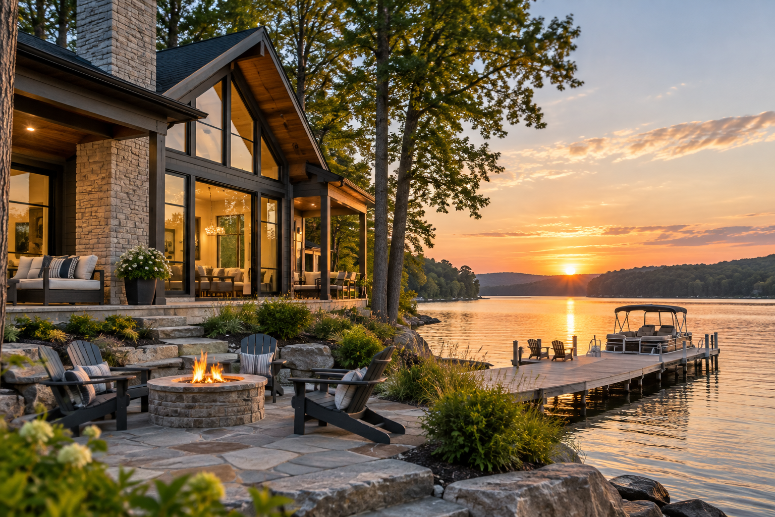 A lakeside house with large windows and a stone chimney, featuring an outdoor patio with a fire pit, chairs, and a dock with a pontoon boat at sunset.