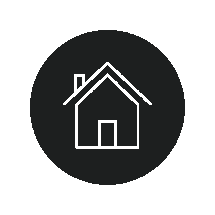 Outline of a house with a chimney, set against a black circular background.