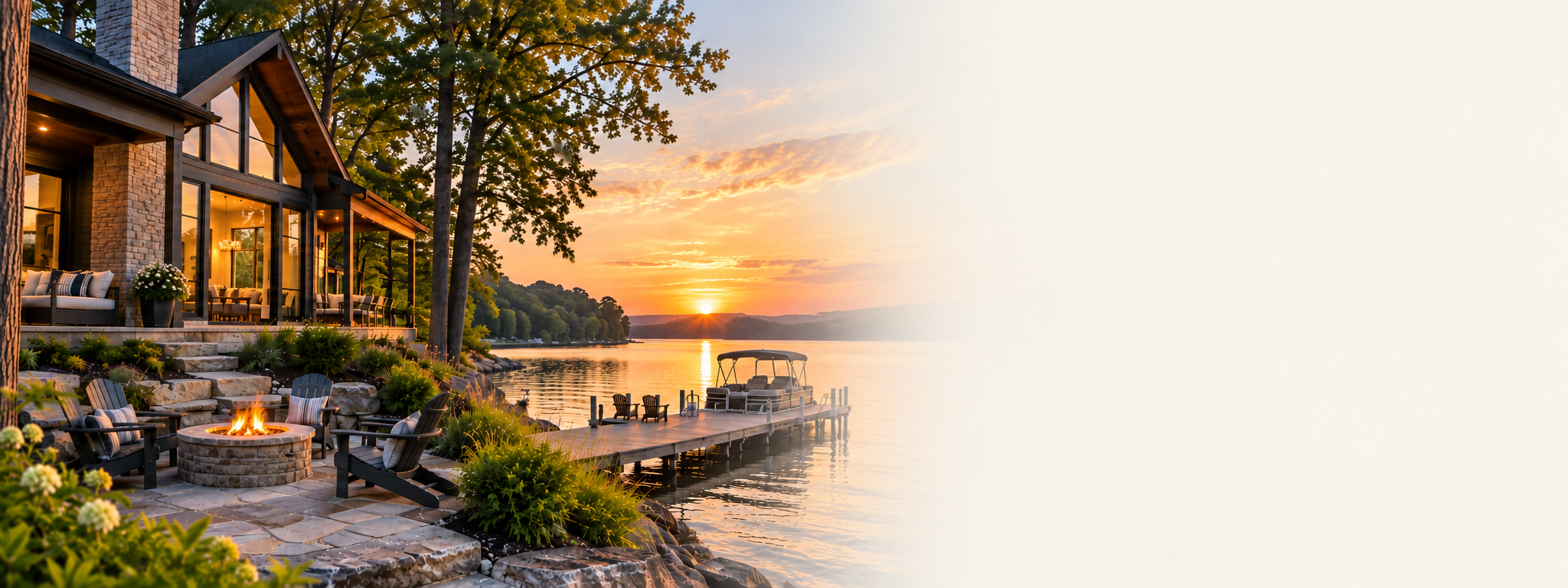 A lakeside house at sunset with a patio and fire pit, overlooking the water with a dock and boat, surrounded by trees.