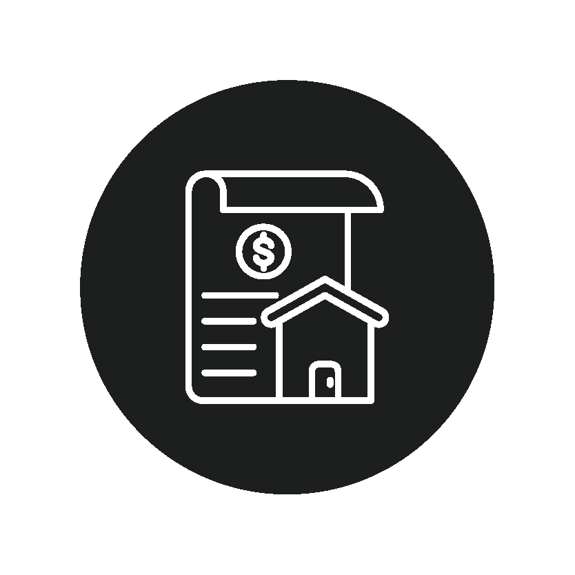 Line drawing of a financial document with a dollar sign and a house, representing mortgage or home financing.