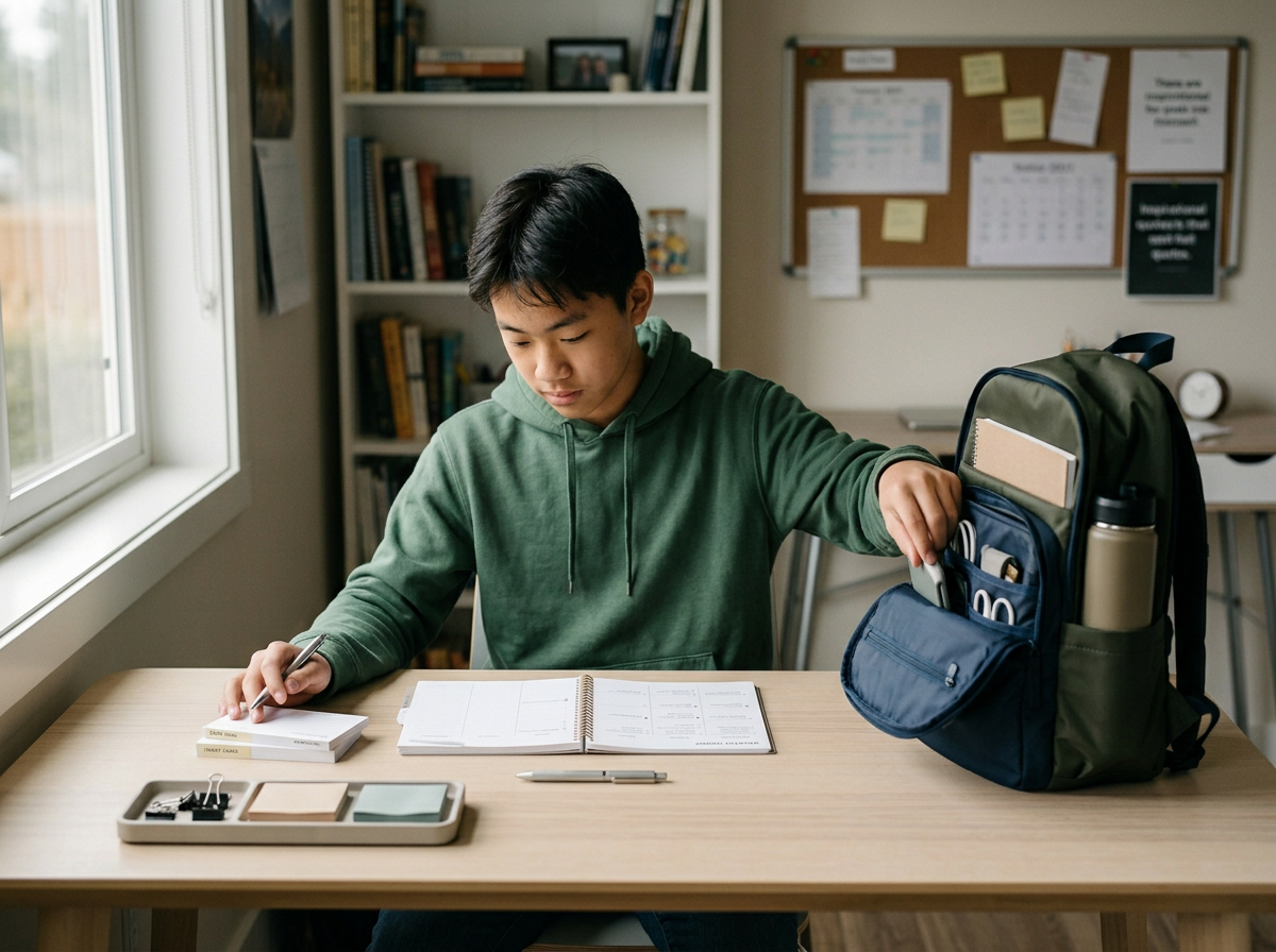An Asian teenage boy looks at a school planner on his desk while reaching into his backpack.