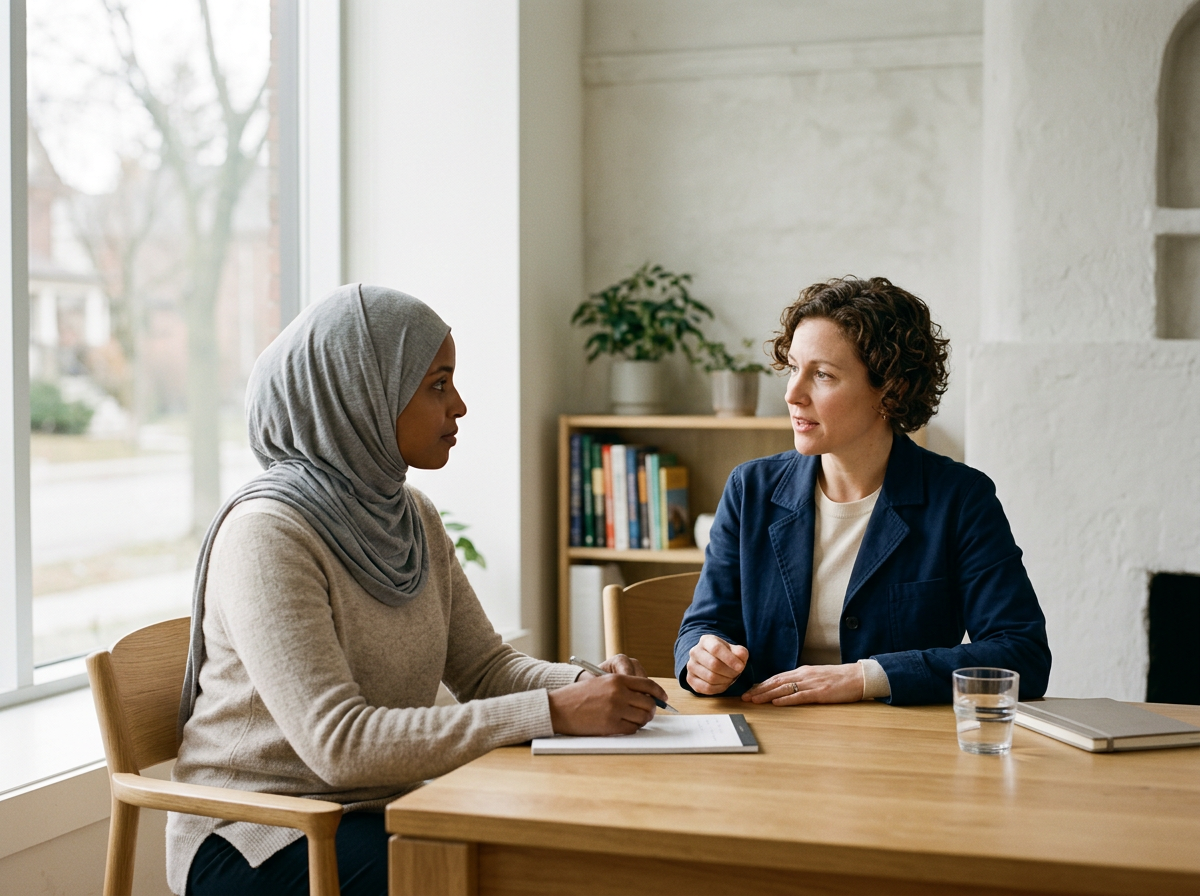 Two women consult about their student at a table, one wearing a hijab and taking notes, the other a white woman with short hair.