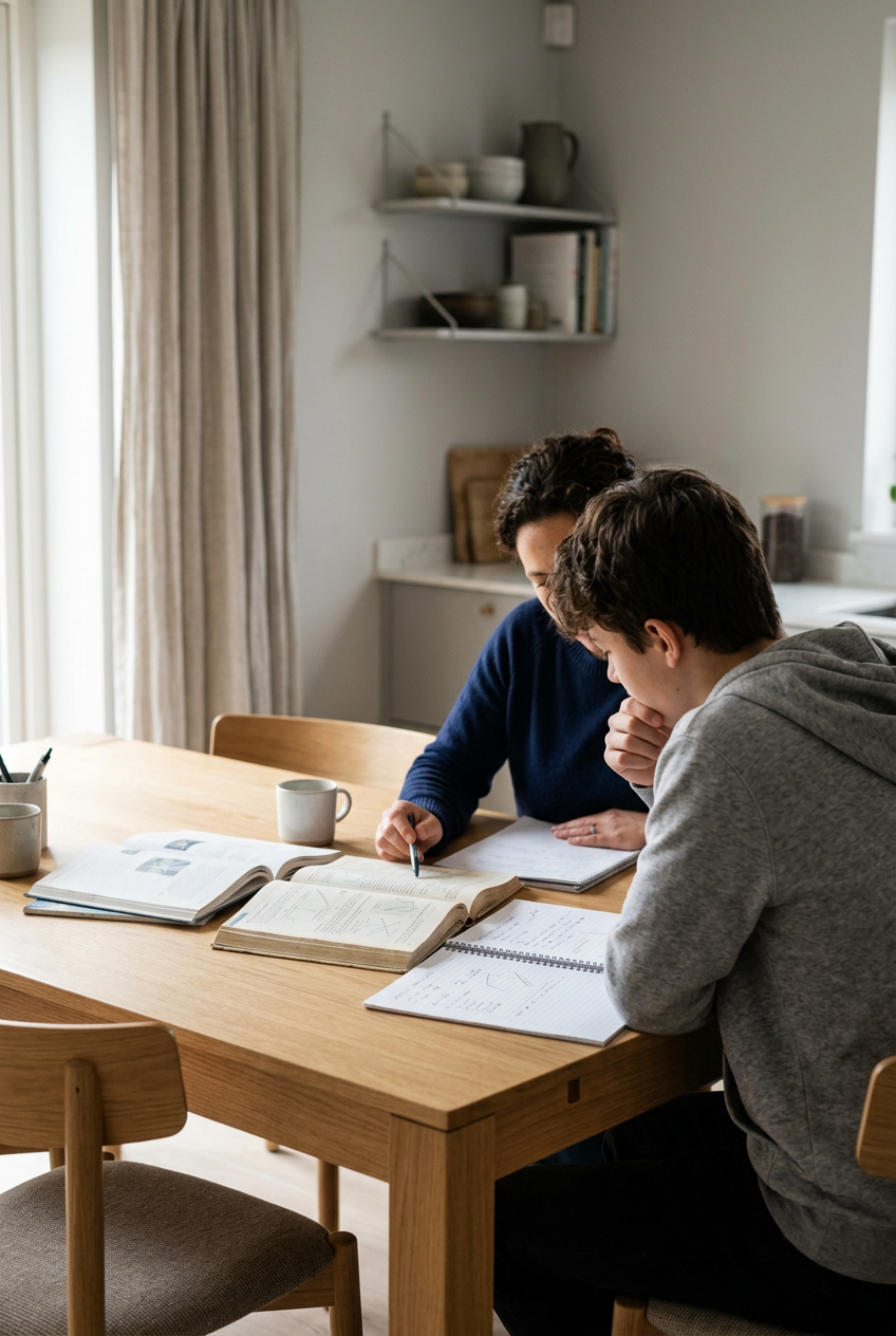 A woman and her teenage son sit side by side at a table working together on high school math homework.