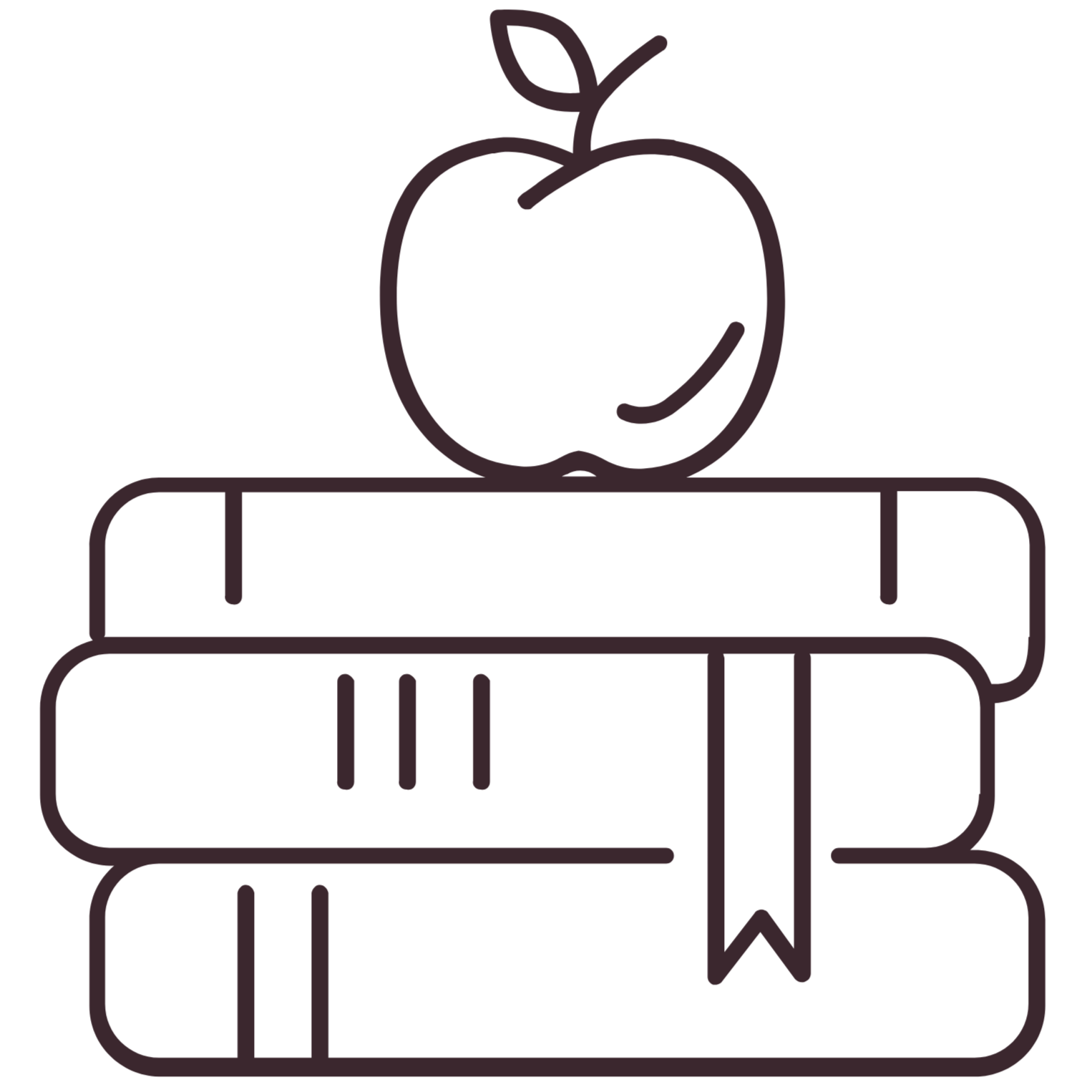 An illustrated stack of academic books and literature with an apple sitting on top.