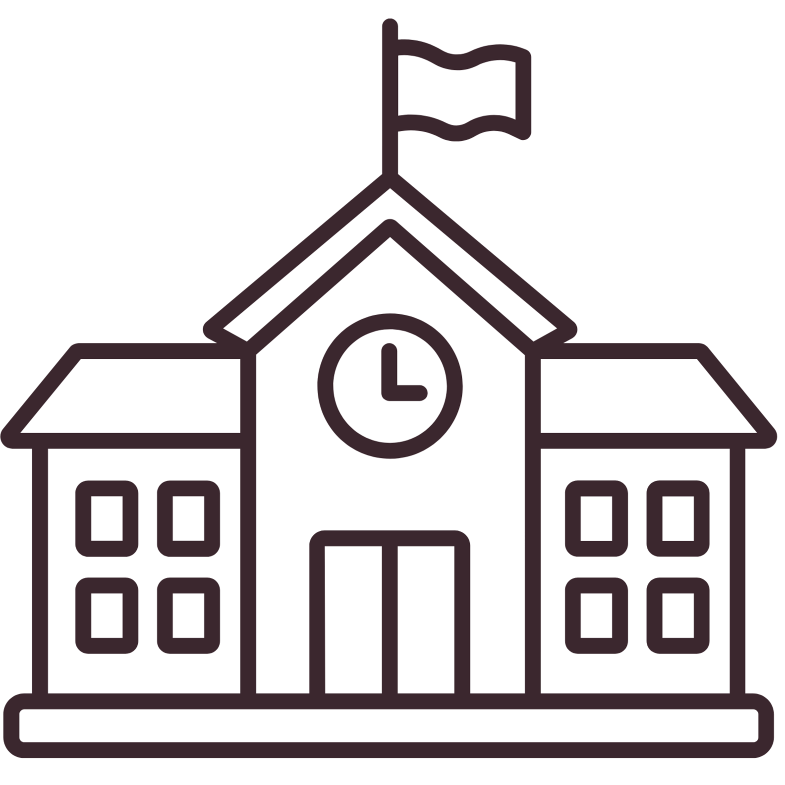 A line-drawn illustration of a classic school building featuring a central clock tower, a flag, front steps, and two symmetrical wings with windows.