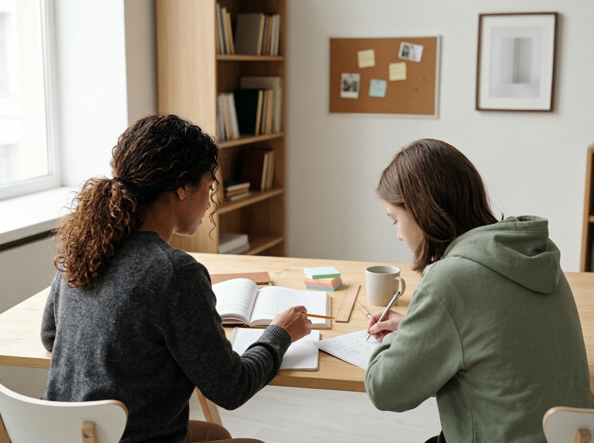 A mother and her middle school daughter sit closely at a table, working collaboratively on homework together with supportive tools for learning differences and adhd.