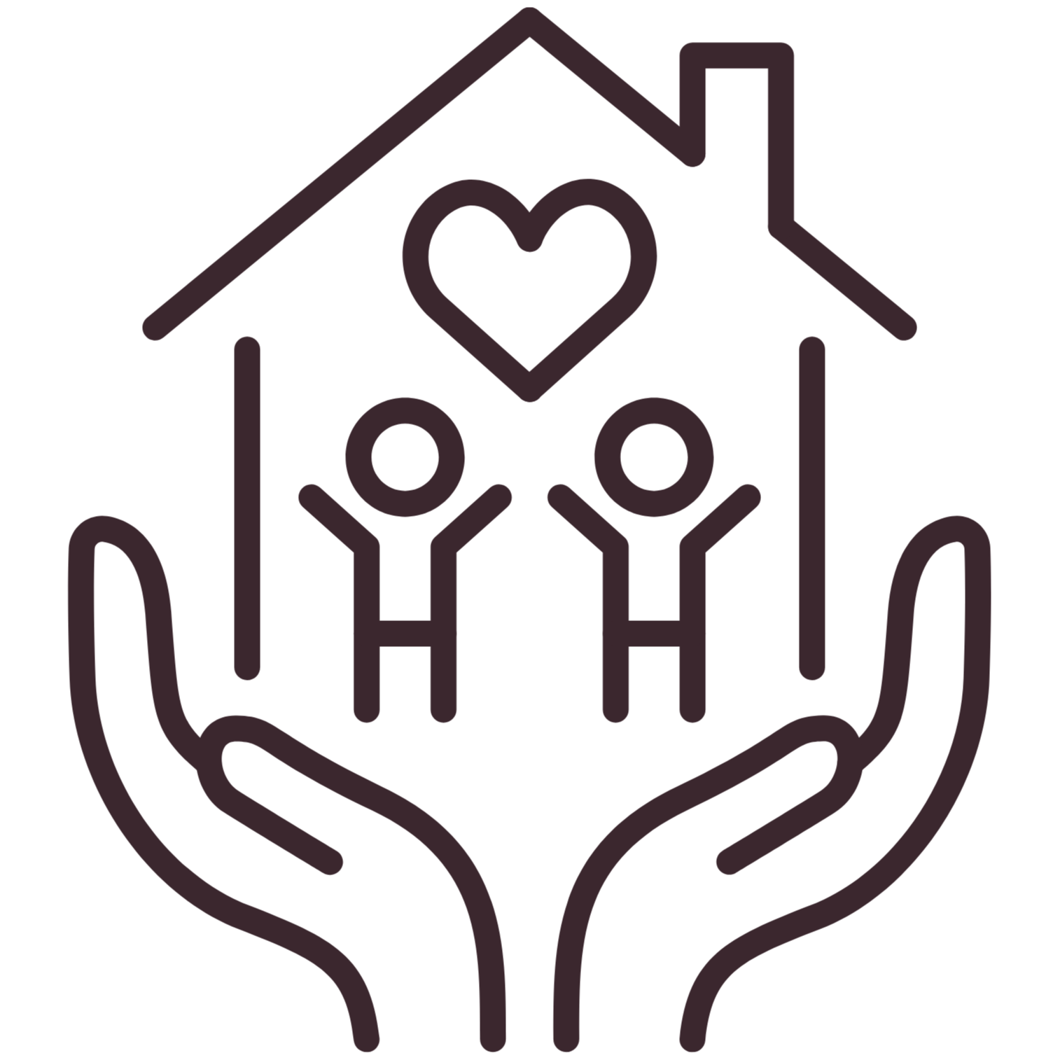 A pair of illustrated hands cradle a home which holds two people and a heart between them.
