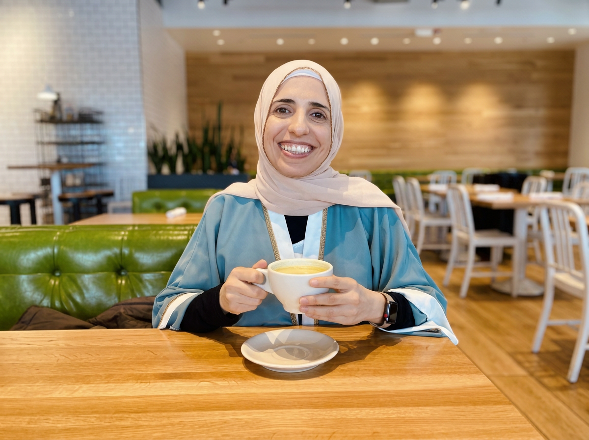 A woman, Sana Jaber, holds up a cup of coffee and smiles at an Oak Park cafe.