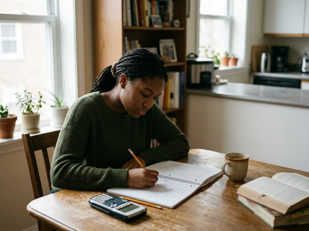 A teenage girl with dark skin works on math problems at a desk in her home.