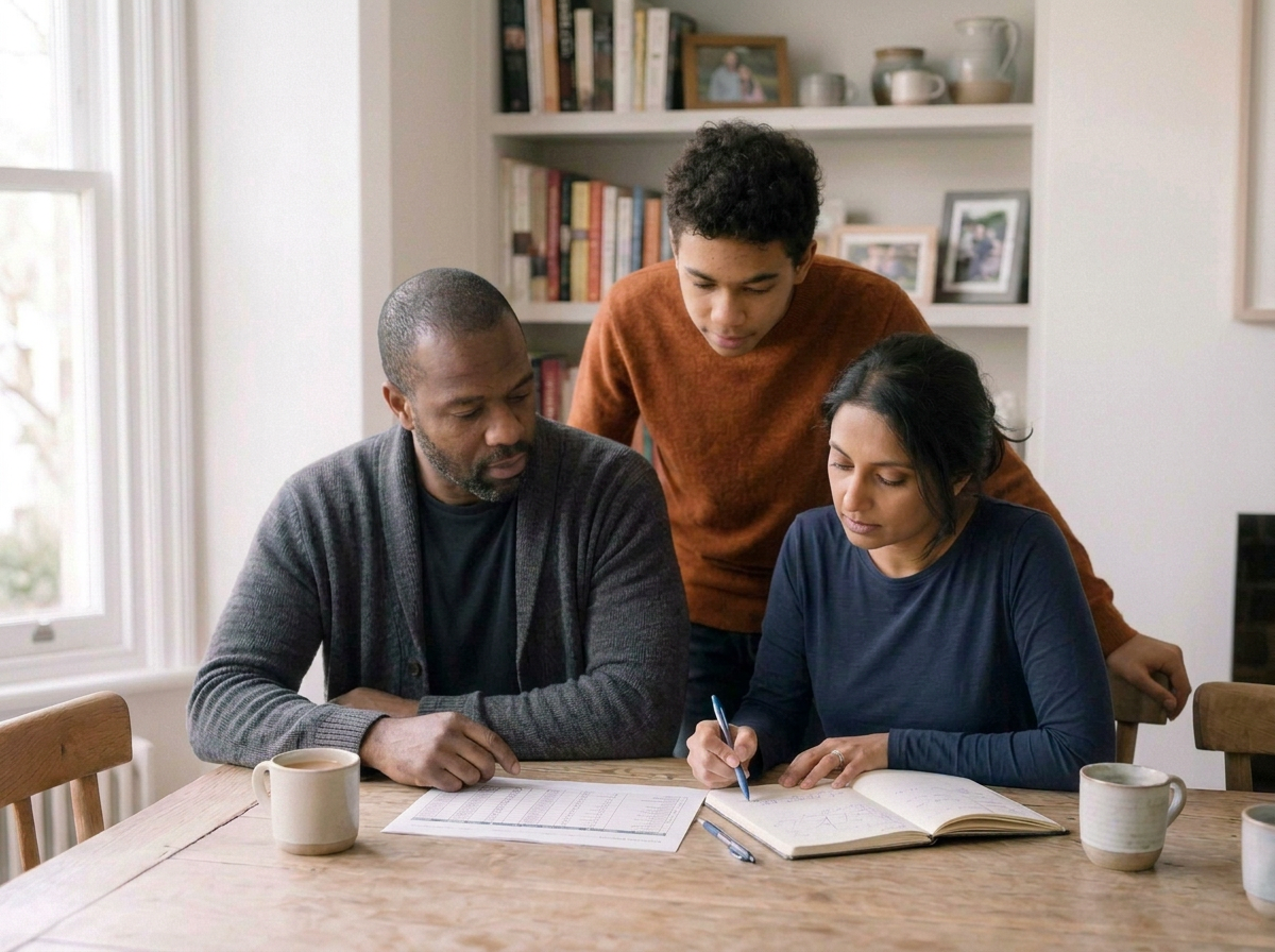 Parents and their high school student review papers together during an academic coaching session.