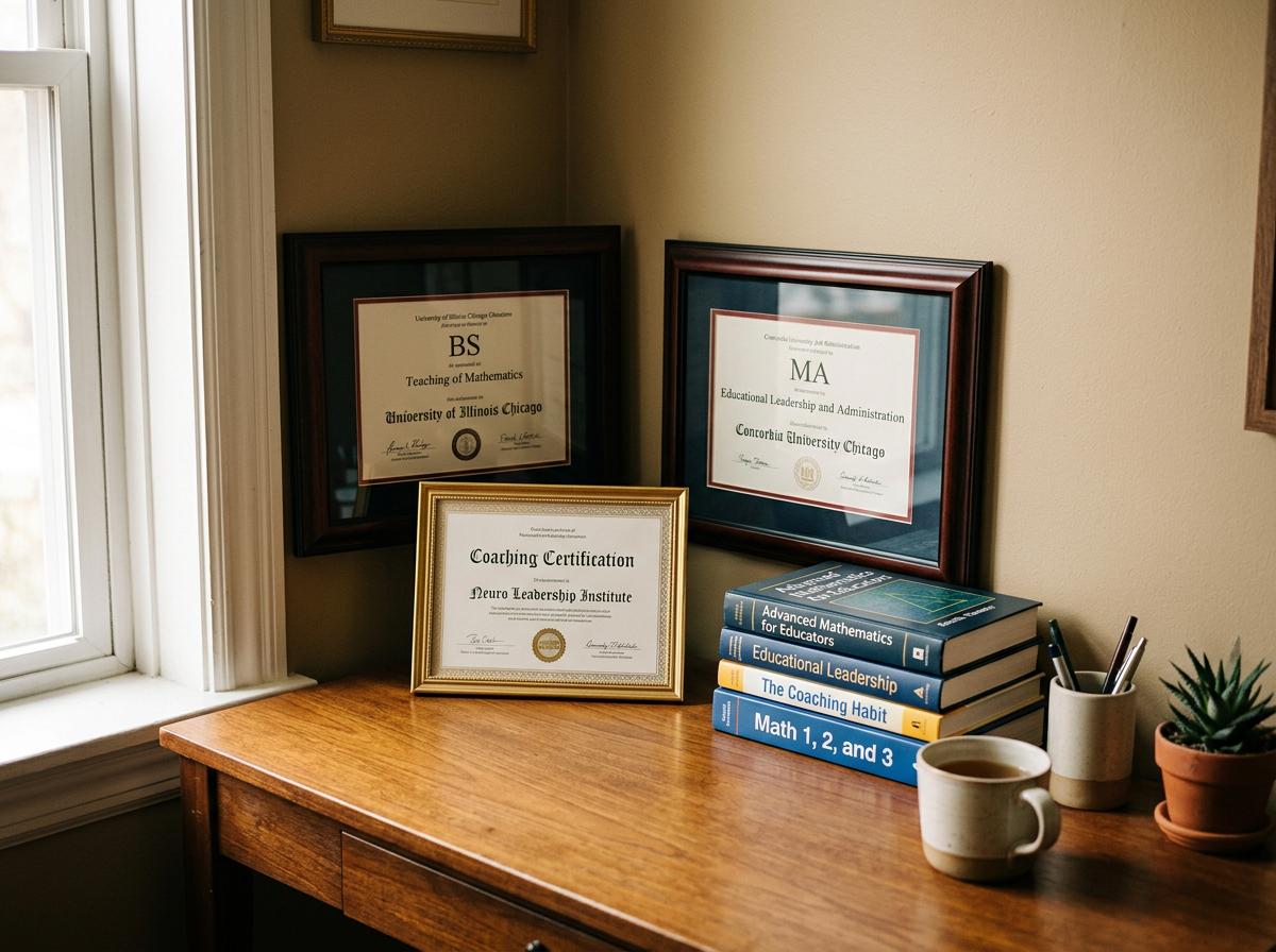 Sana Jaber's math teaching and educational leadership diplomas hang on a wall over a desk displaying coaching certifications and books.