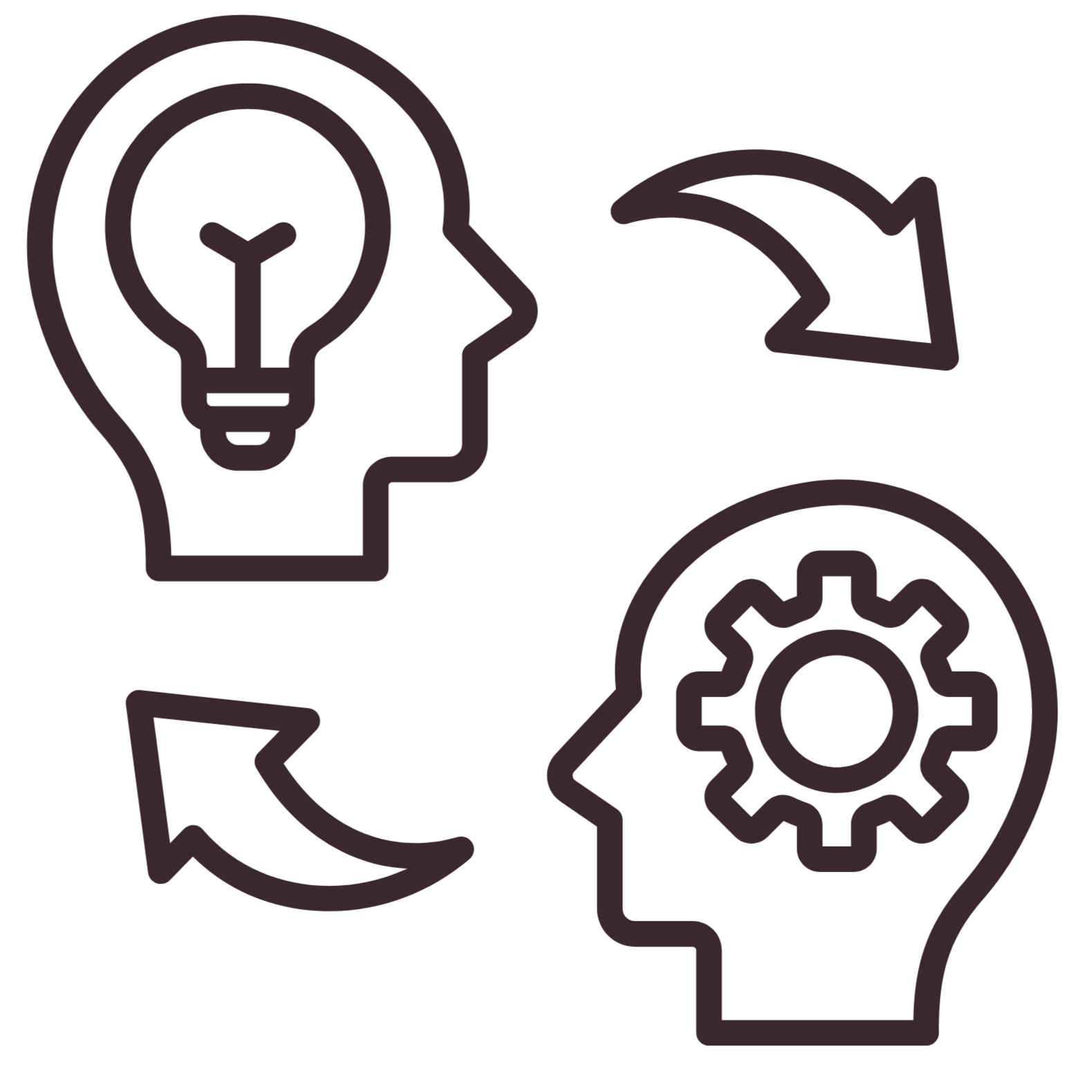 An illustration of two head silhouettes, one with a light bulb and one with a gear wheel, connected by arrows that suggest a repeating cycle.