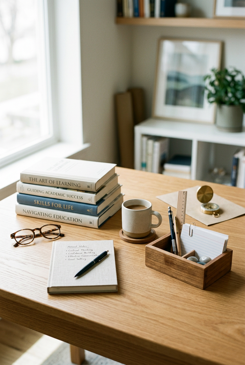 Books about learning, academic success, and education sit on an organized desk with a mug, glasses, and writing materials.