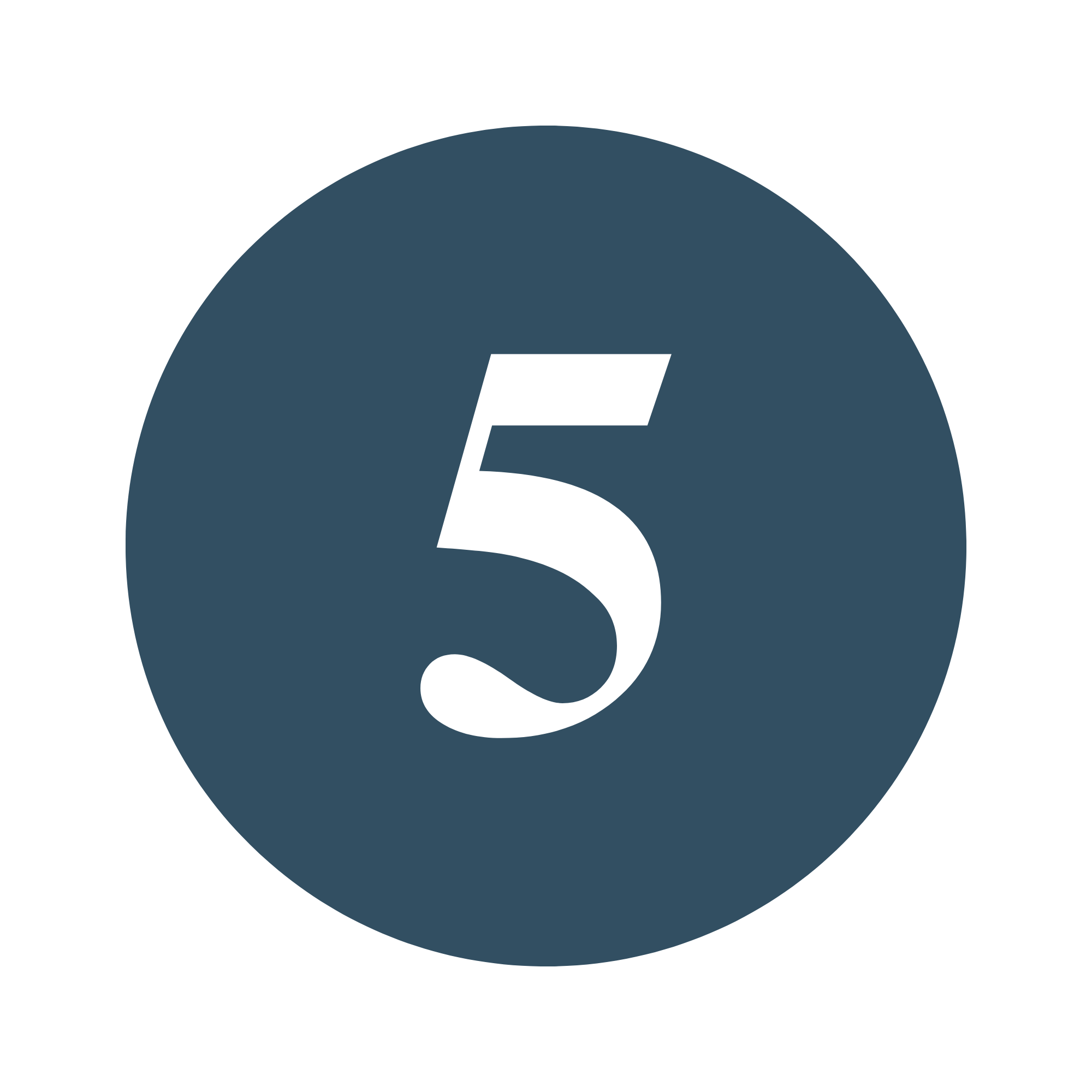 A dark blue circle featuring a hollowed-out number five in the center, indicating the fifth, and final, step of working together.