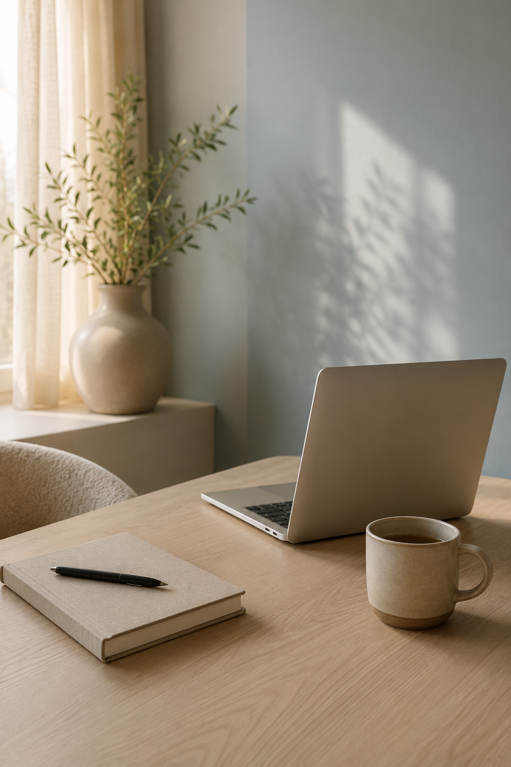 Een laptop, een pen, een boek en een beker op een houten bureau naast een raam met een beige gordijn, met een grote vaas met groene takken in de vensterbank.