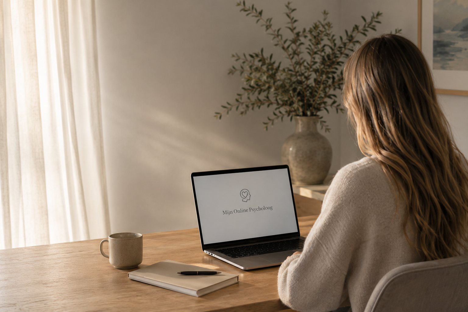 Vrouw die online psychologie volgt via haar laptop in een rustige ruimte met planten op de achtergrond.