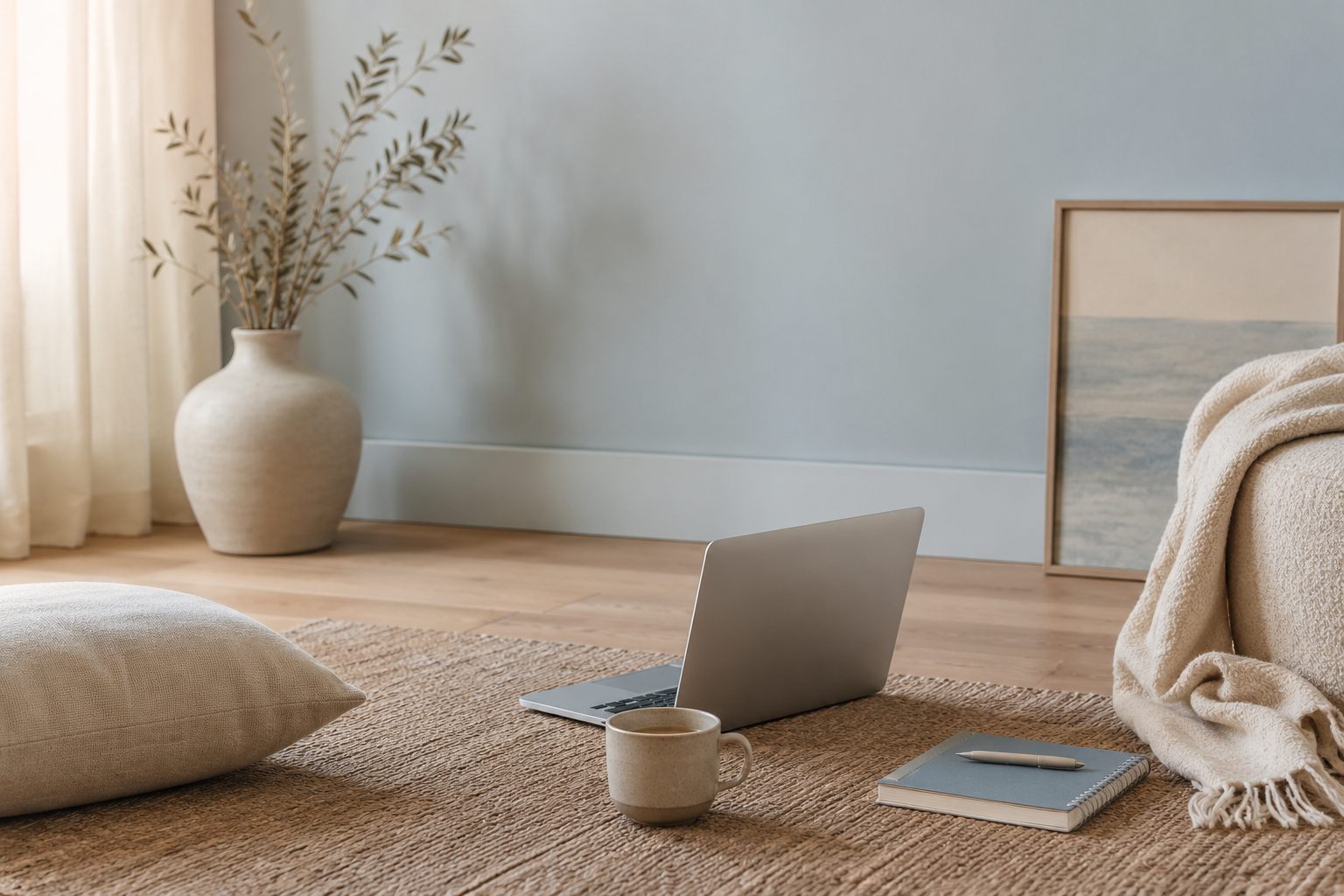 Een laptop, mok, notitieboek en pen op een tapijt in een interieur met een grote vaas met droge takken en een ingelijste foto van de zee.