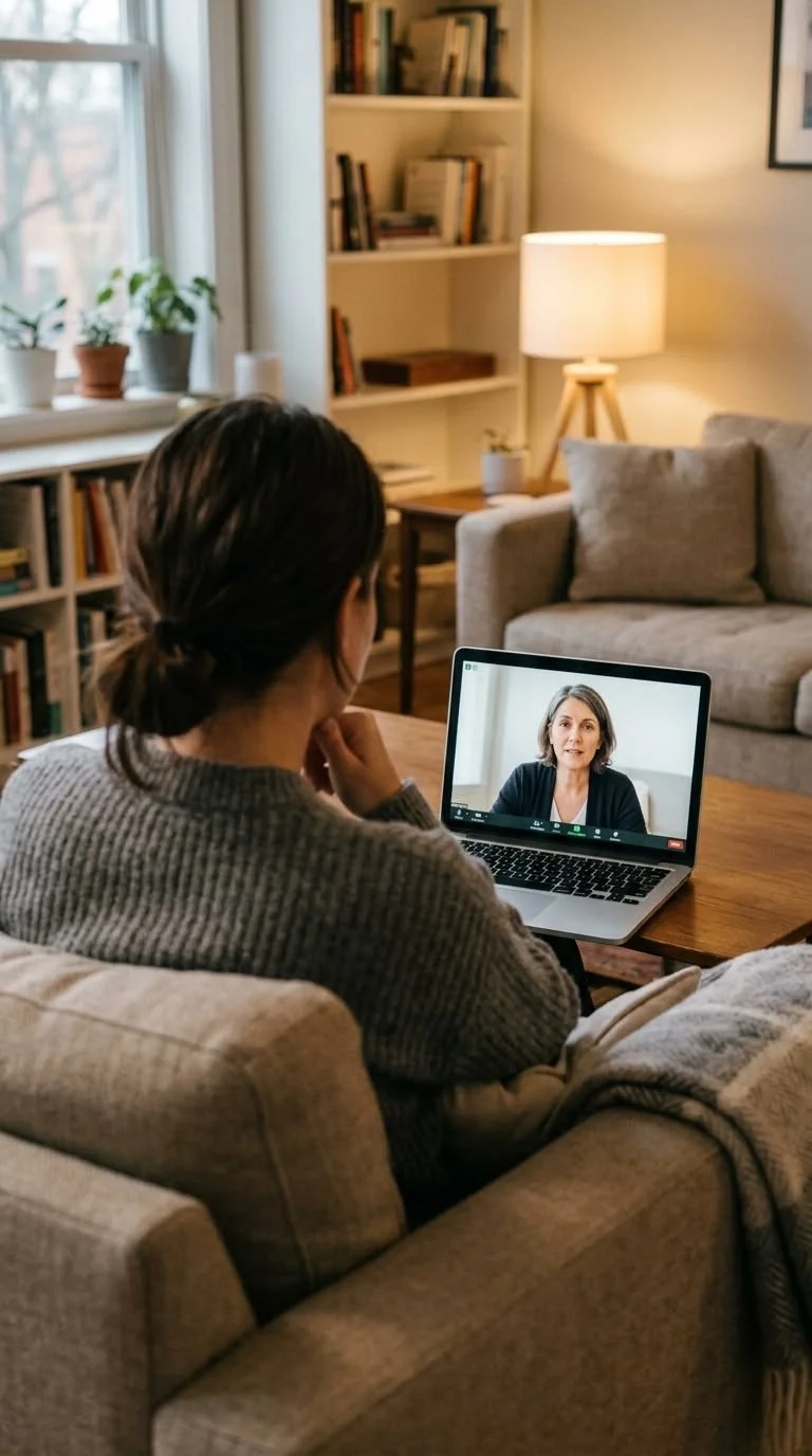 Een vrouw die op haar bank in een woonkamer zit en een videovergadering op haar laptop kijkt, met boekenplank en lamp op de achtergrond.