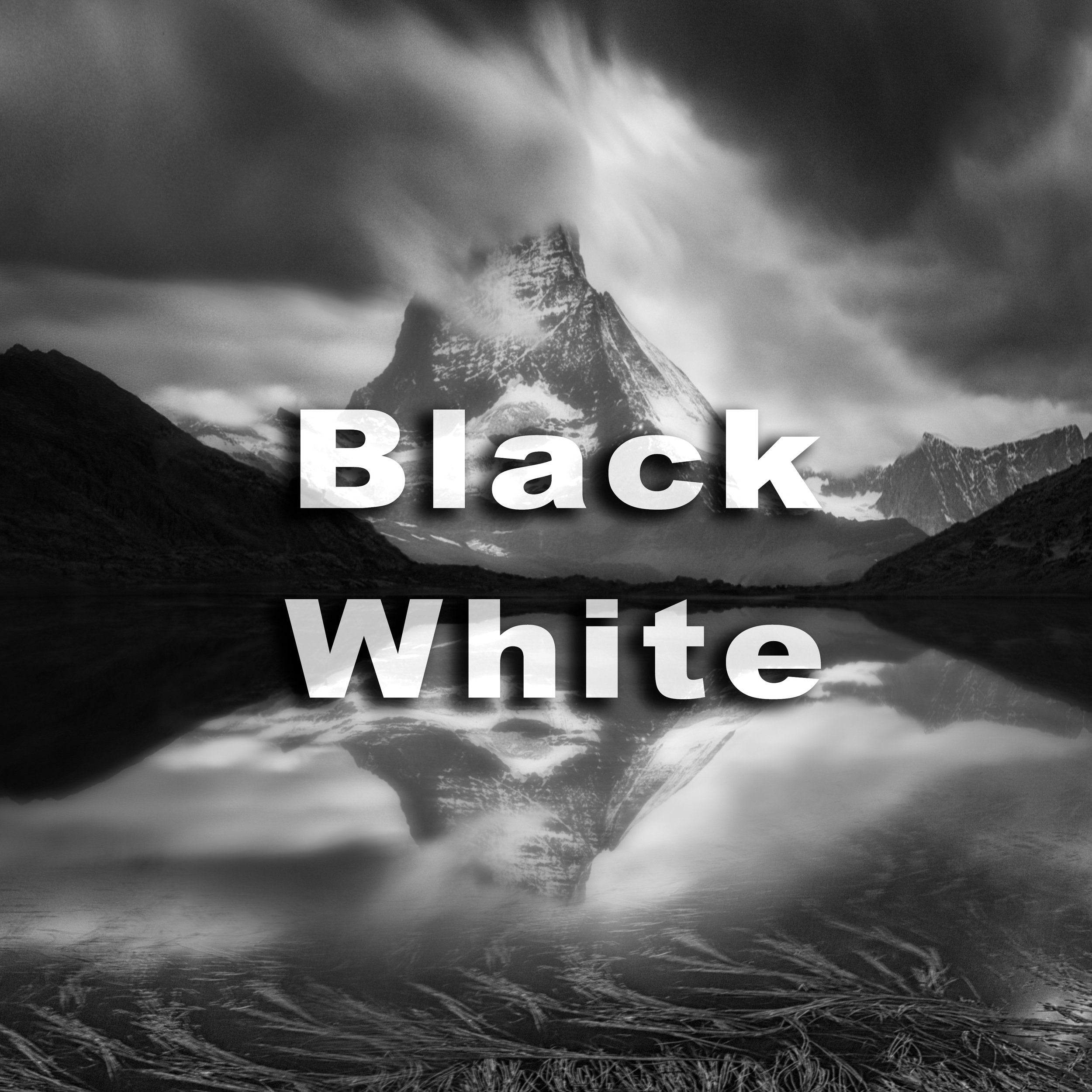 A black and white photograph of a mountain with a plume of snow or mist coming from the peak, with dark clouds and a body of water in the foreground. Overlayed with the words 'Black White' in large text.