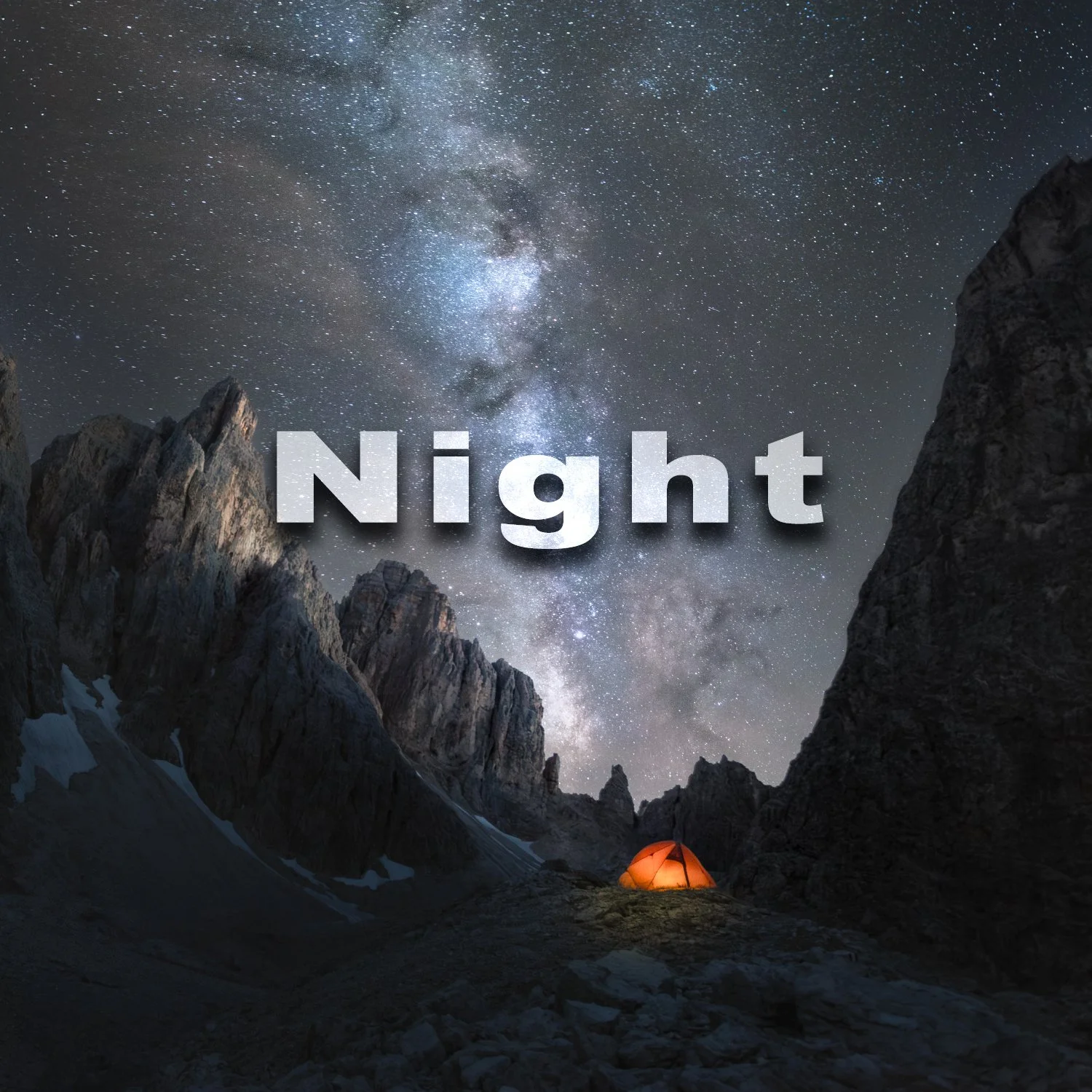 Night sky filled with stars and the Milky Way, with mountains and a glowing orange tent in a valley.