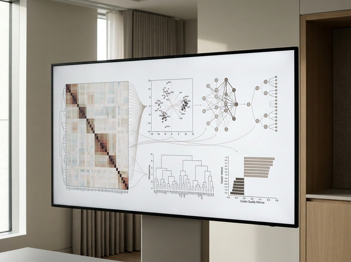 A large monitor displaying a scientific data visualization with various charts, diagrams, and graphs, including a heatmap, scatter plots, network diagrams, and bar charts, in a modern office setting.