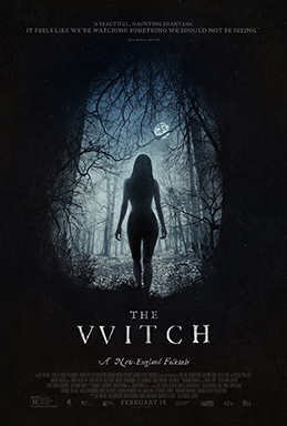 A silhouetted woman walking through a dark, eerie forest toward the moonlit sky, with twisted, leafless trees framing the scene. The poster is for the movie "The Witch".