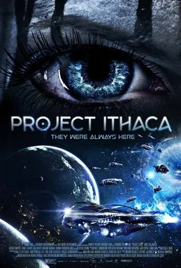 Close-up of a human eye with a cosmic space scene featuring planets and ships, with the title 'Project Ithaca' and the tagline 'They Were Always Here'.