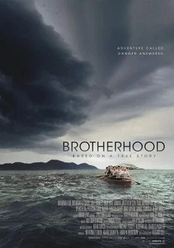 Stormy sky over a rocky shoreline with a large rock in the foreground, promoting the movie 'Brotherhood' with the tagline 'Based on a true story'.