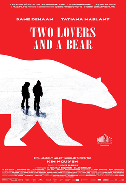 Movie poster for 'Two Lovers and a Bear,' featuring two people standing on ice next to a bear silhouette against a red background.