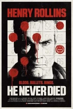 Poster for Henry Rollins' performance titled 'He Never Died' with blood splatter over a black-and-white image of a man, red text, and bingo numbers in the background.