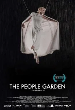 A person is swinging on a swing in the rain at night, wearing white clothing and holding a white cloth, with a dark background. The poster text reads 'The People Garden'.