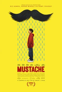 A movie poster for 'Mustache' features a young boy in a red jacket and blue jeans standing against a yellow background. Large black mustache at the top with blue raindrops falling around the boy.