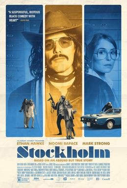 Movie poster for 'Stardom' featuring a central figure of a man with a mustache and glasses, flanked by images of a woman with glasses and a police car, with a blue background and text highlighting reviews and cast.