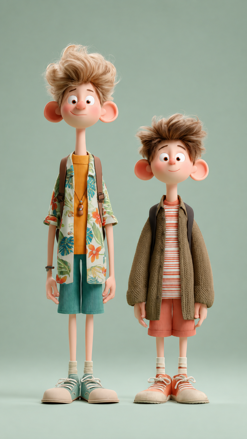 Two animated boys with large ears and messy hair stand side by side, wearing casual clothes and backpacks, on a plain green background.