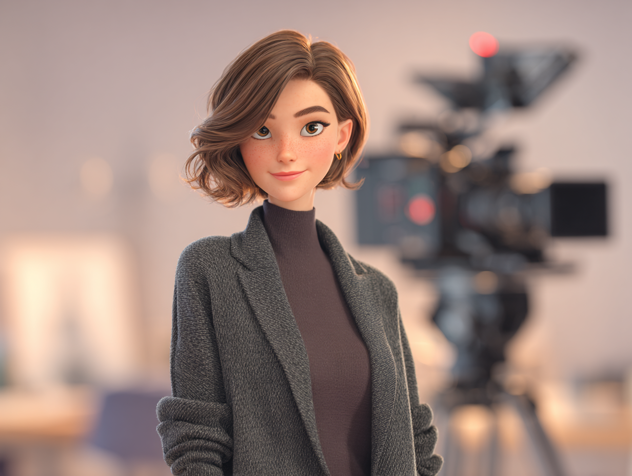A 3D animated woman with short brown hair, green eyes, and freckles, dressed in a gray blazer and dark turtleneck, standing in front of professional camera equipment.