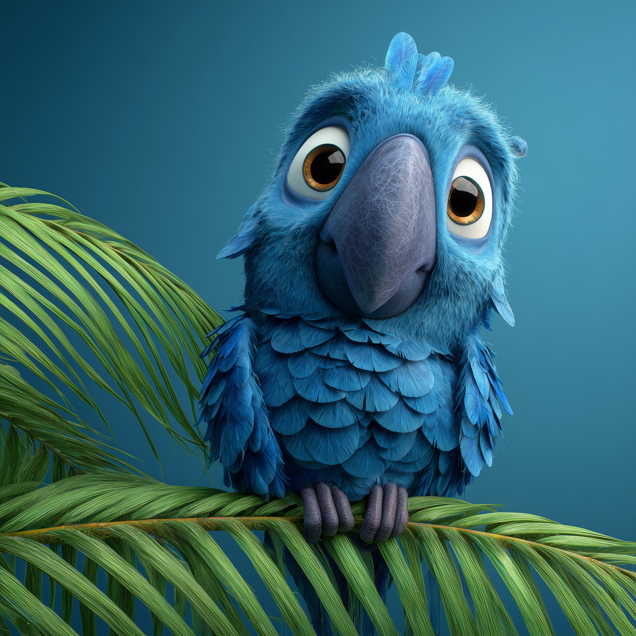 A digital image of a cartoon blue parrot with large eyes, perched on a green leafy branch against a plain blue background.