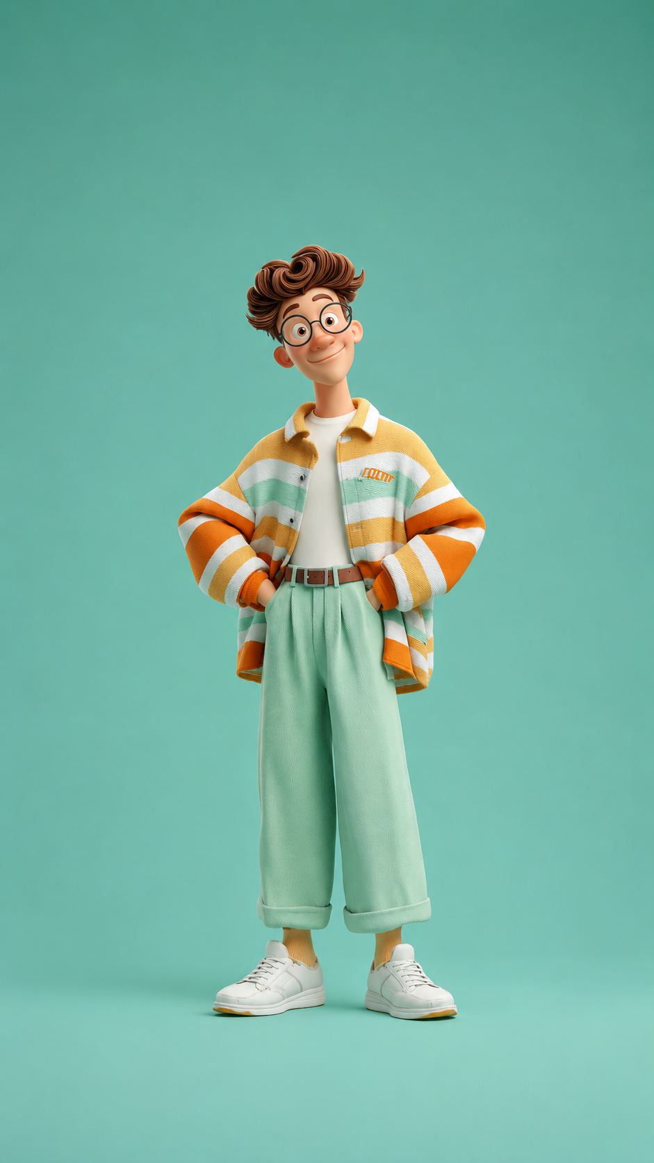 Animated young man with glasses and wavy brown hair standing against a green background, wearing a striped yellow, white, and orange jacket, light green pants, white sneakers, and a white shirt.