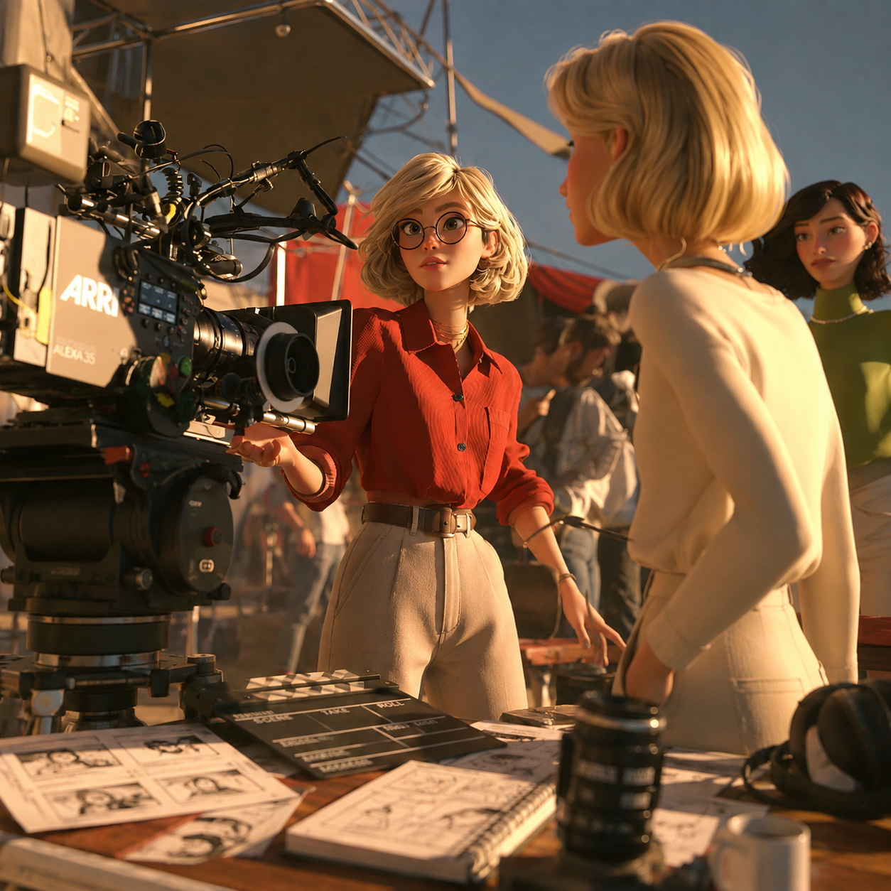 Scene from a film or photoshoot set with two women, one in a red shirt and glasses, and the other in a cream blouse, standing near a professional camera and script sheets on a table, with film crew and equipment in the background.