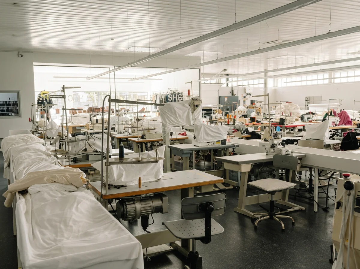 Die Produktionsstätte unseres Produktionspartners: Ein leerer, gut beleuchteter Raum mit mehreren Nähmaschinen und Stoffen