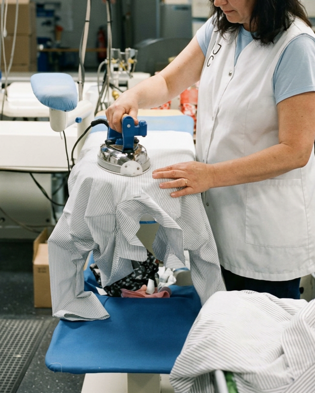 Person beim Bügeln eines Hemdes auf dem Bügeltisch in einer Produktionsstätte.