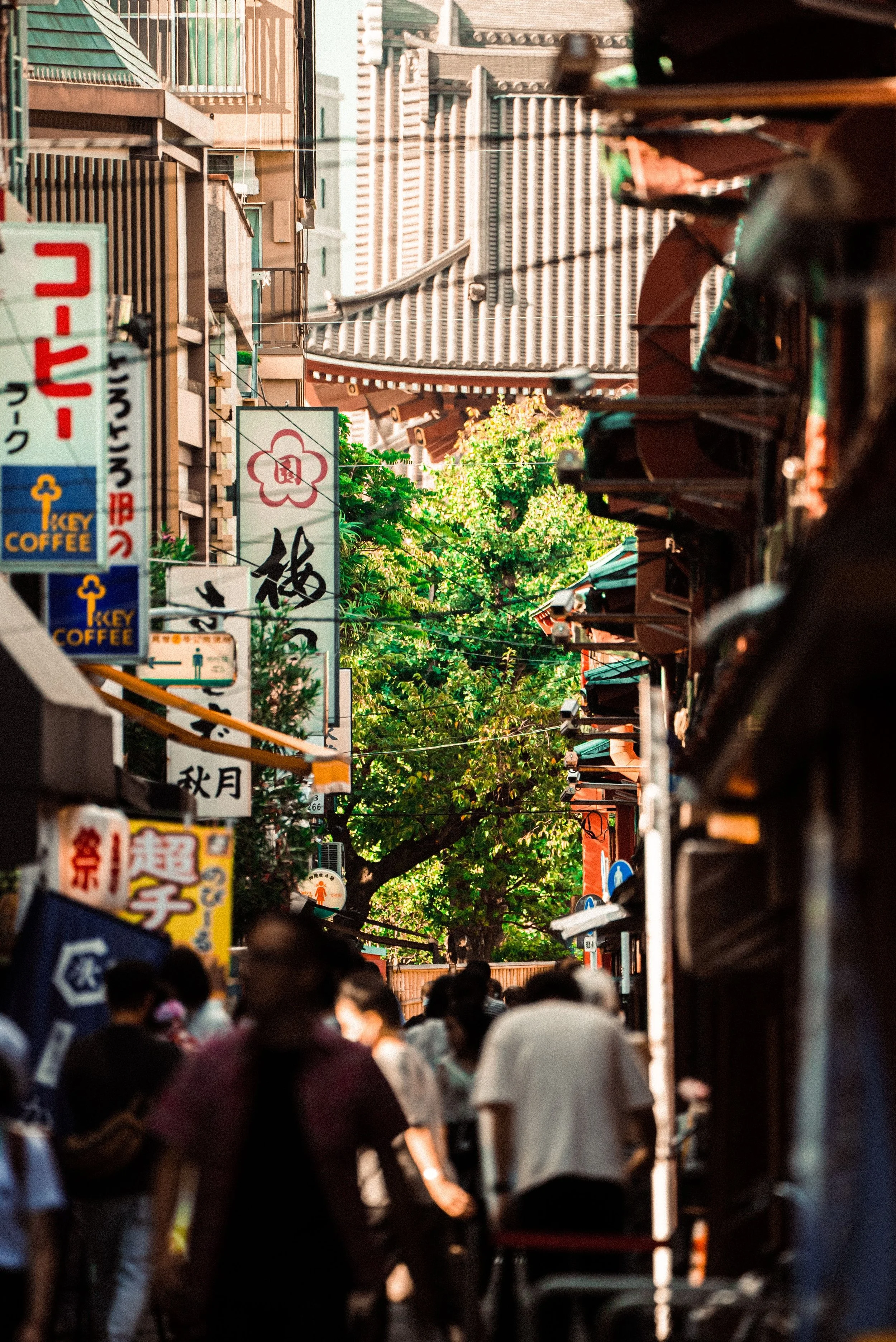 Busy street scene in an Asian city with crowded pedestrians, colorful signs with Asian characters, traditional-style rooftops, and lush green trees.