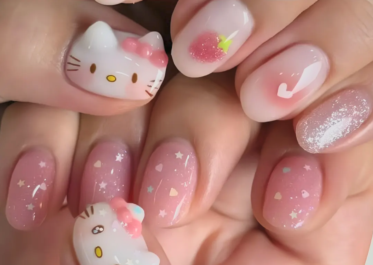 Close-up of a hand with decorated nails featuring Hello Kitty designs, pink and white themes, star and heart patterns, pink glitter, and a heart-shaped detail.