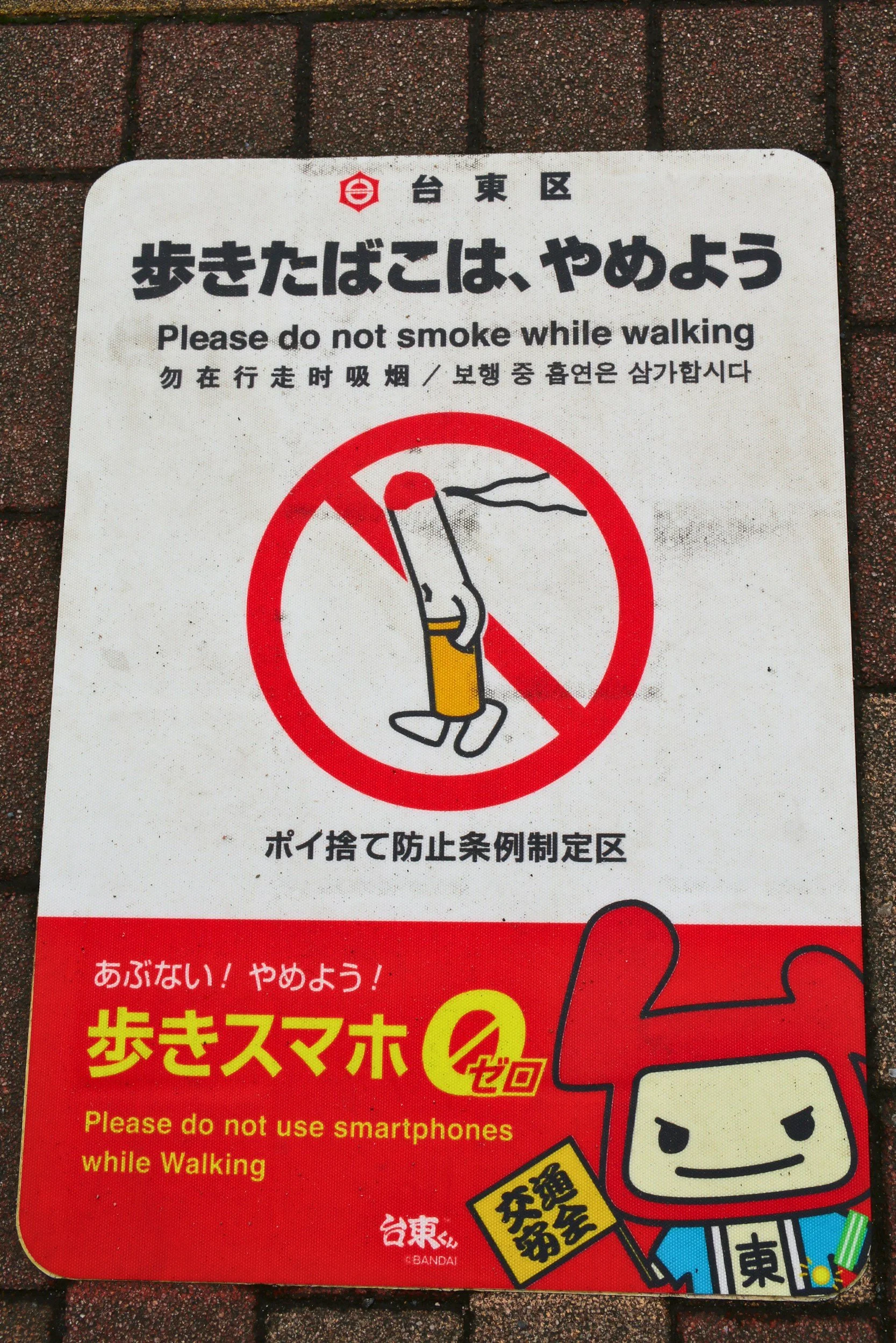 Sign with message in Japanese and English, stating "Please do not smoke while walking." Contains a no-smoking graphic with a cigarette crossed out and instructions to avoid smoking in the area.