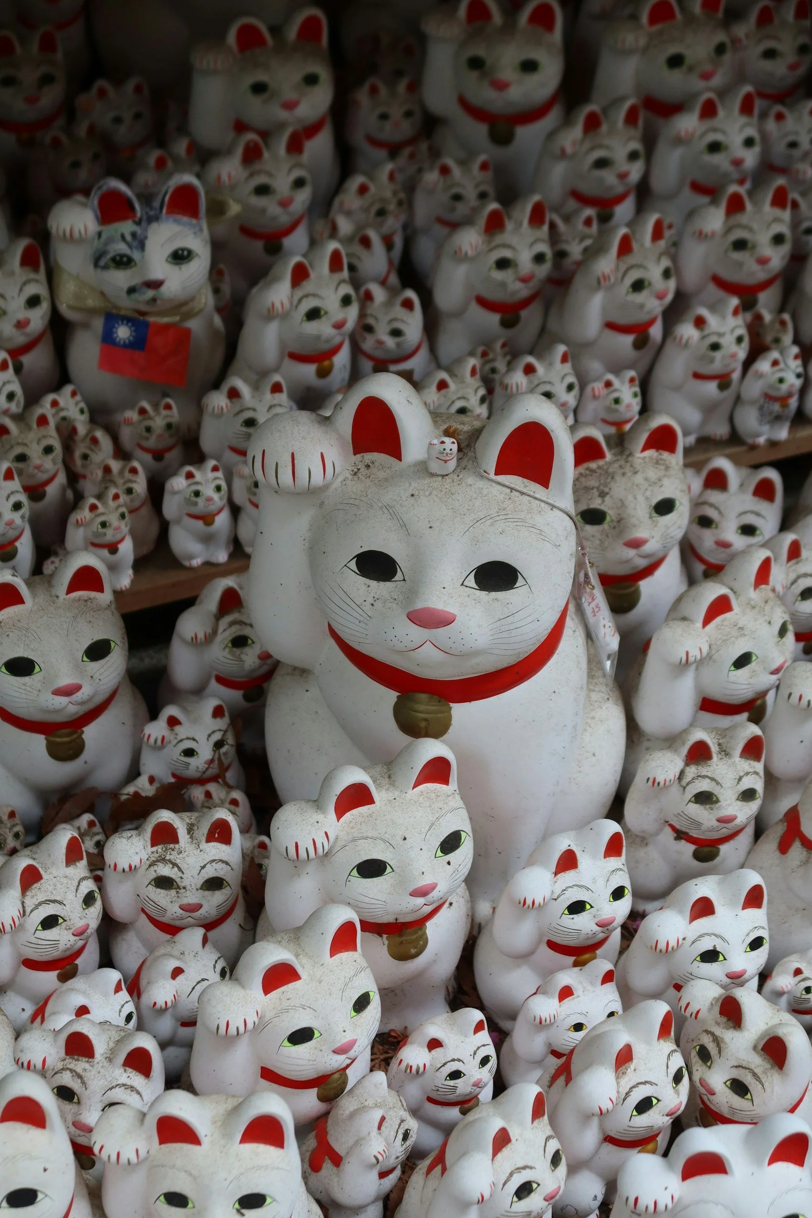 A collection of small white ceramic figurines of cats, mainly Maneki-neko, with some wearing red collars and bells, many with green eyes, set on a surface with some dirt and dust.