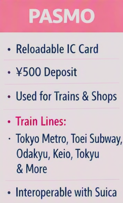 PASMO card details with features including reloadable IC card, 500 yen deposit, used for trains and shops, train lines in Tokyo, and interoperation with Suica.
