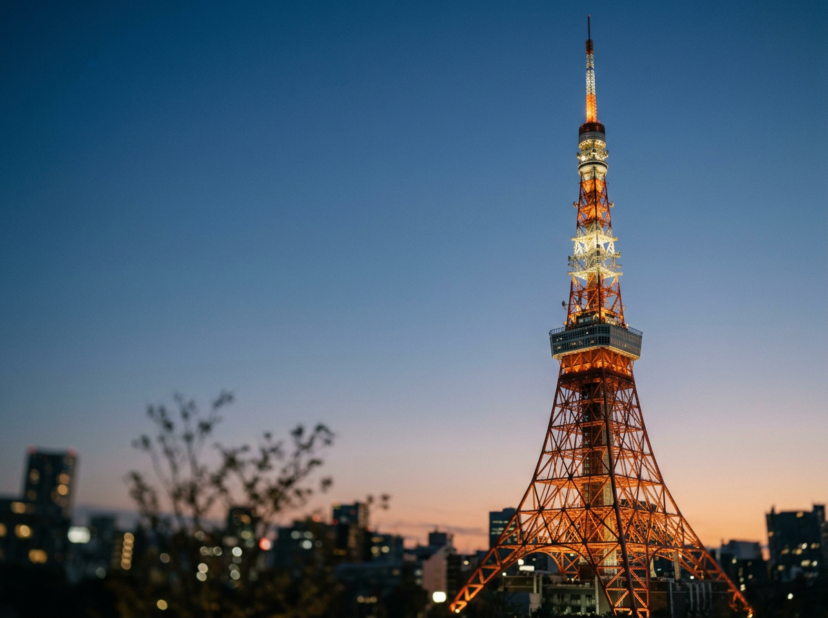 Tokyo Tower illuminated at dusk with a city skyline in the background.