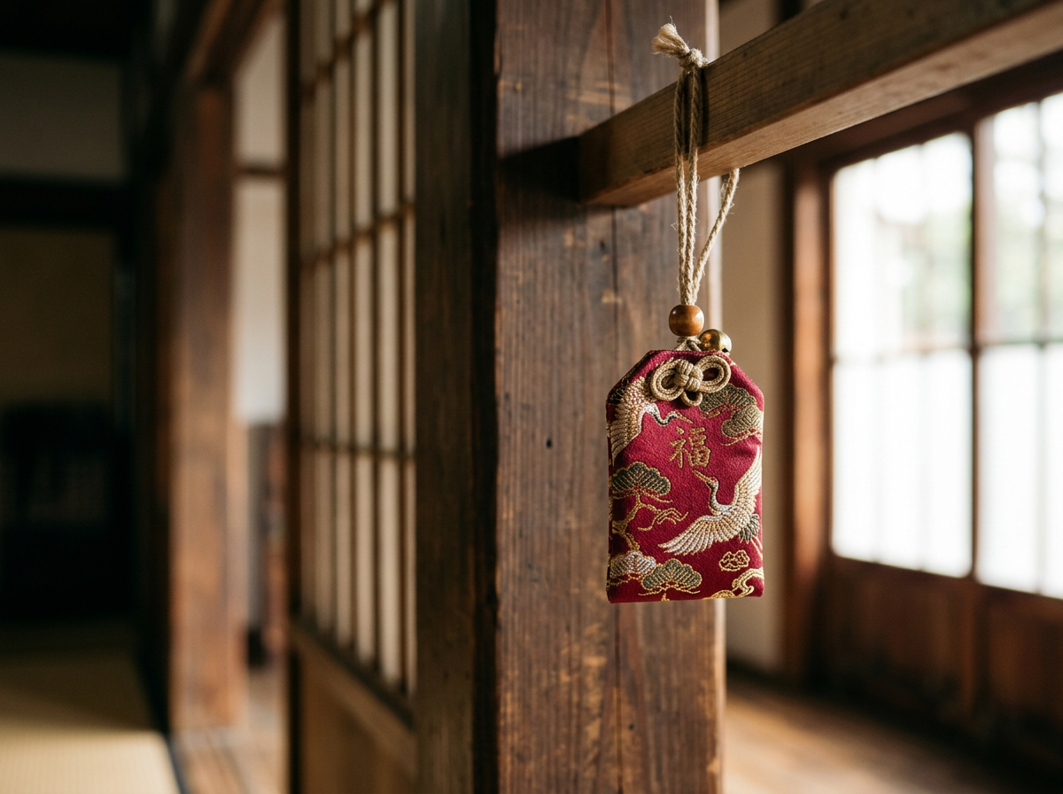 A small fabric bag with a dragon and cloud pattern hanging from a wooden beam.